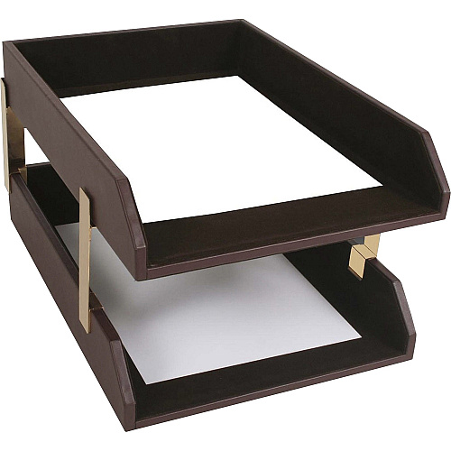 Dacasso Leather Double Legal-Size Trays Desktop - Chocolate Brown - Top Grain Leather, Velveteen, Felt - 1 Each (A3421)