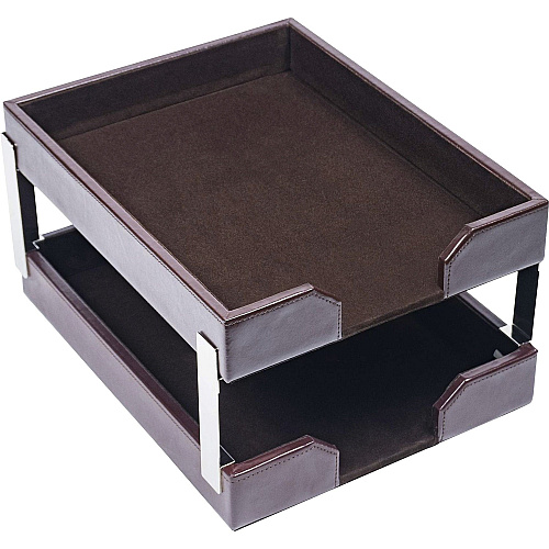 Dacasso Bonded Leather Double Letter Trays Desktop - Dark Brown - Bonded Leather, Velveteen - 1 Each (A3622)