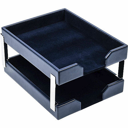 Dacasso Bonded Leather Double Letter Trays Desktop - Navy Blue - Bonded Leather, Velveteen - 1 Each (A5022)
