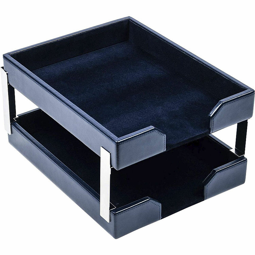 Dacasso Bonded Leather Double Letter Trays Desktop - Navy Blue - Bonded Leather, Velveteen - 1 Each (A5022)