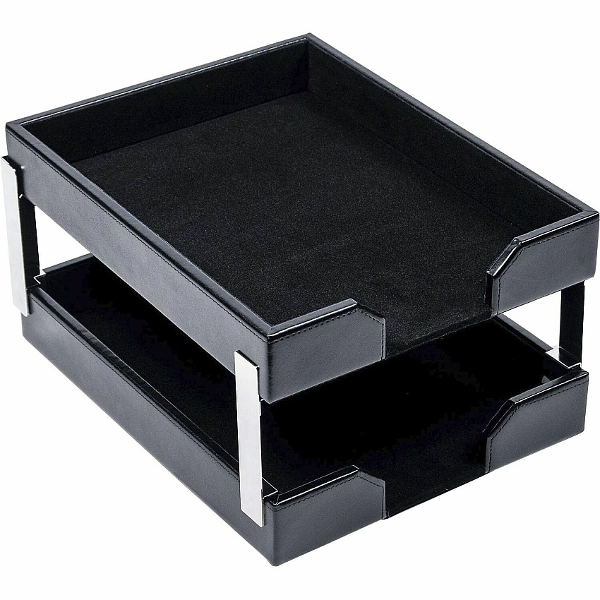 Dacasso Bonded Leather Double Letter Trays Desktop - Black - Bonded Leather, Velveteen - 1 Each (A1422)