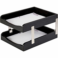 Dacasso Crocodile Embossed Black Leather Double Letter Trays Desktop - Black - Leather, Velveteen - 1 Each (A2220)