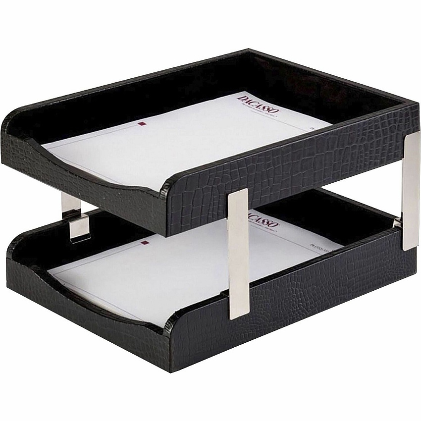 Dacasso Crocodile Embossed Black Leather Double Letter Trays Desktop - Black - Leather, Velveteen - 1 Each (A2220)