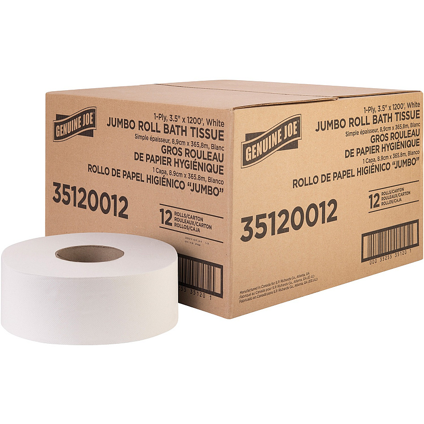 Genuine Joe&reg; Standard Toilet Paper, 1-Ply, 1,200-ft., 12 Rolls 1 Ply - 3.63" Width x 1200 ft Length - 8.88" Roll Diameter - White - Fiber - 12 / Carton (GJO35120012)