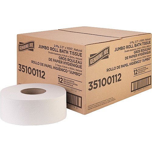 Genuine Joe&reg; Jumbo Jr. Toilet Paper, 2-Ply, 1000-ft. Roll, 12 Rolls 2 Ply - 3.30" Width x 1000 ft Length - 8.88" Roll Diameter - White - Fiber - 12 / Carton (GJO35100112)