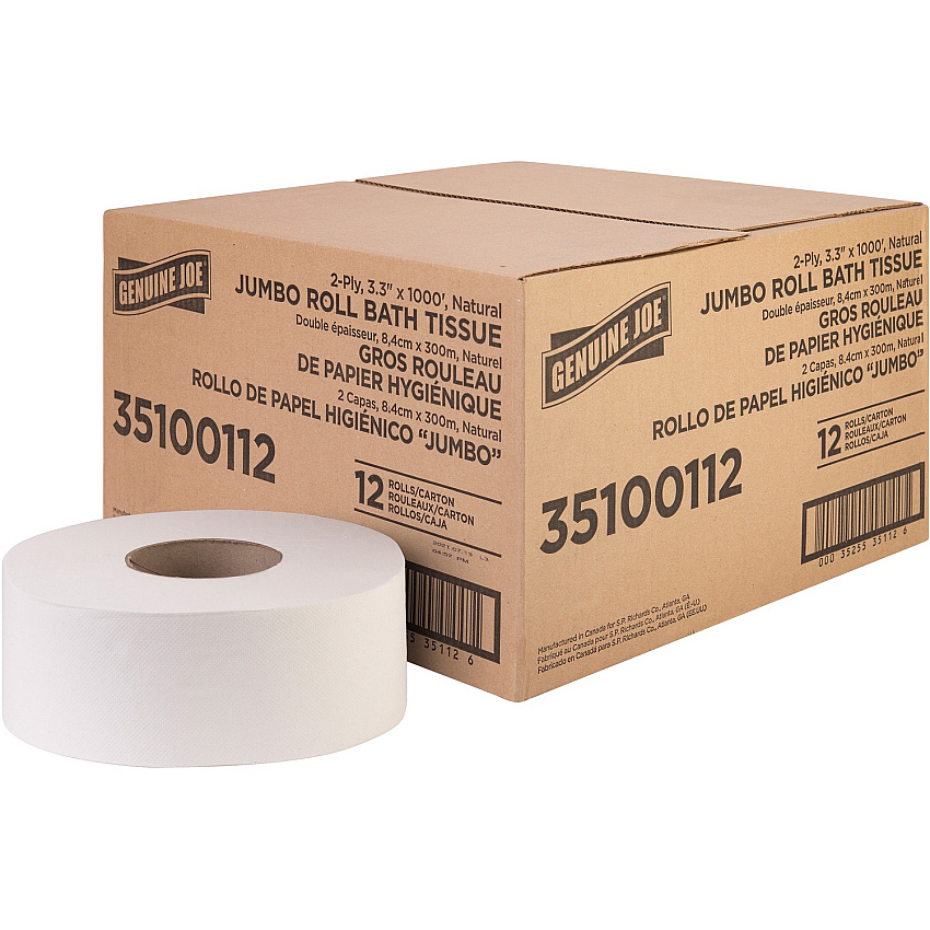 Genuine Joe&reg; Jumbo Jr. Toilet Paper, 2-Ply, 1000-ft. Roll, 12 Rolls 2 Ply - 3.30" Width x 1000 ft Length - 8.88" Roll Diameter - White - Fiber - 12 / Carton (GJO35100112)