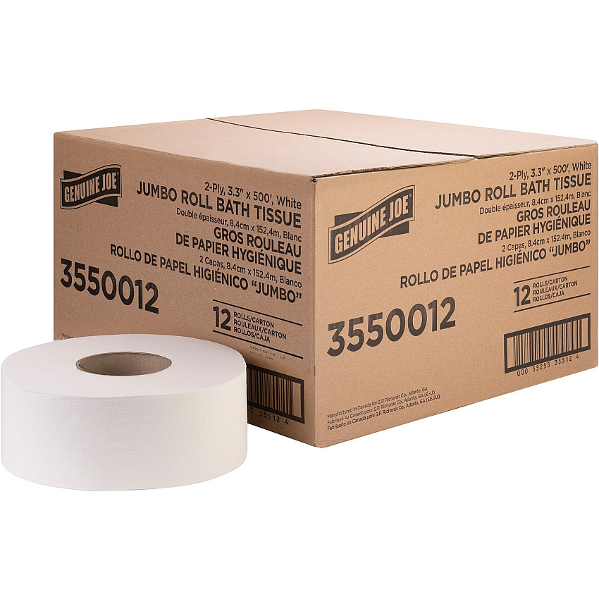 Genuine Joe&reg; Jumbo Jr. Toilet Paper, 2-Ply, 500-ft. Roll, 12 Rolls 2 Ply - 3.30" Width x 500 ft Length - 8.88" Roll Diameter - White - Fiber - 12 / Carton (GJO3550012)