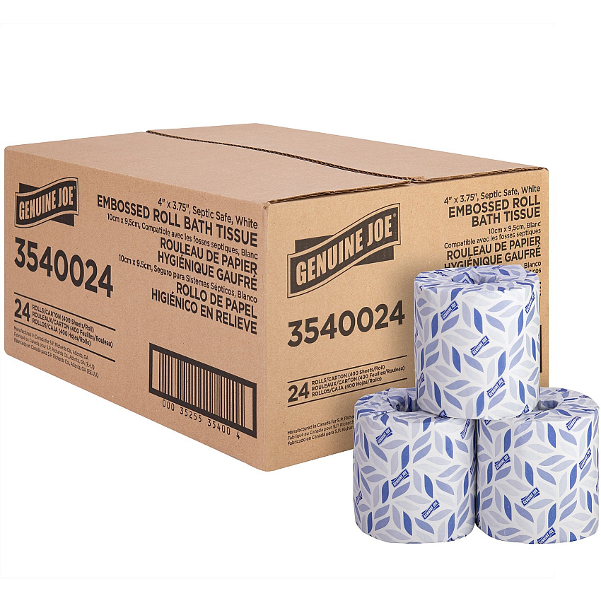 Genuine Joe&reg; Standard Toilet Paper, 2-Ply, 400 Sheets, 24 Rolls 2 Ply - 4" Width x 3.75" Length - 400 Sheets/Roll - Embossed - White - 24 / Carton (GJO3540024)