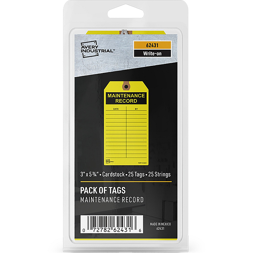 Avery&reg; Preprinted MAINTENANCE RECORD Hang Tags 5.75" Length x 3" Width - Card Stock - Yellow - 25 / Pack (62431)