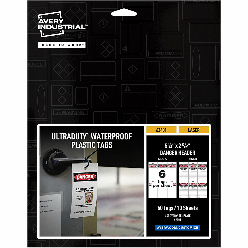 Avery UltraDuty Plastic Tags, 5.5" x 2.83" , Danger Header 2.92" Length x 5.50" Width - Plastic, Polyester - Matte White - 60 / Pack (62401)