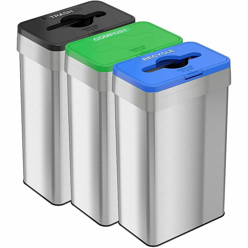 HLS Commercial 21-Gallon Trash/Recycle/Compost Can Set Push Button Opening - 21 gal Capacity - Rectangular - Fingerprint Proof, Smudge Resistant, Easy to Clean - 34" Height x 10.3" Width x 16" Depth - Stainless Steel - Silver - 1 Each (HLS21UOTTRIO)