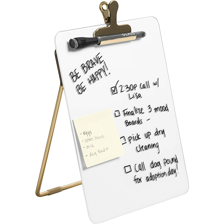 U Brands Glass Dry-Erase Desktop Easel, Tempered Glass, Gold Metal Stand, Removable Clip 8.5" (0.7 ft) Width x 11" (0.9 ft) Height - Tempered Glass Surface - Rectangle - Vertical - 1 Each (4974A0106)