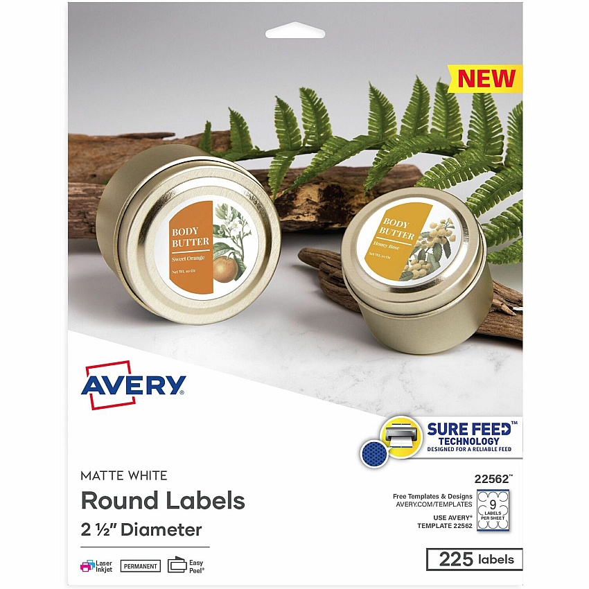 Avery&reg; Matte White Sure Feed Labels Waterproof - x 2 1/2" Diameter - Permanent Adhesive - Round - Inkjet, Laser - Matte White - Matte - Paper - 9 / Sheet - 9 Total Sheets - 225 Total Label(s) - 25 / Pack (22562)