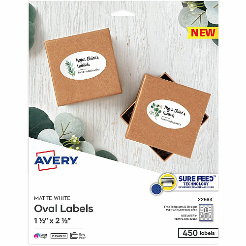 Avery&reg; Matte White Sure Feed Labels 1 1/2" Height x 2 1/2" Width - Permanent Adhesive - Oval - Laser, Inkjet - White - Paper - 18 / Sheet - 25 Total Sheets - 450 Total Label(s) - 450 / Pack (22564)