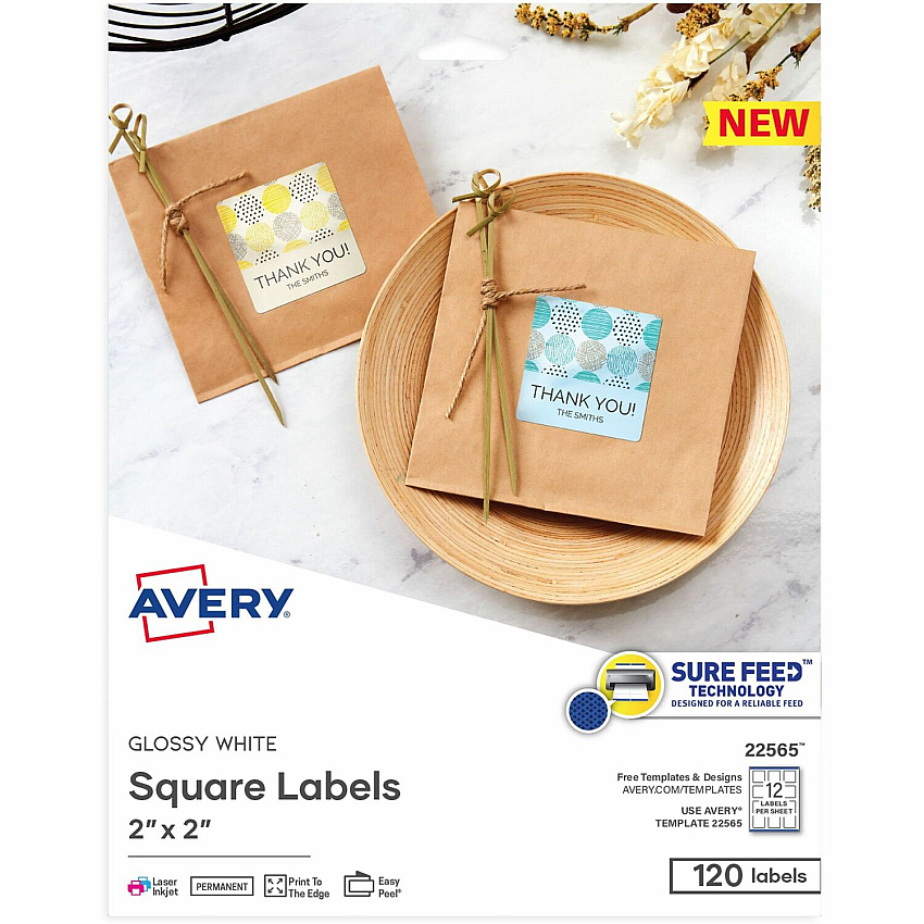 Avery&reg; Sure Feed Glossy White Square Labels Waterproof - 2" Width x 2" Length - Permanent Adhesive - Square - Inkjet, Laser - Glossy White - White - Paper - 12 / Sheet - 12 Total Sheets - 120 Total Label(s) - 10 / Pack (22565)