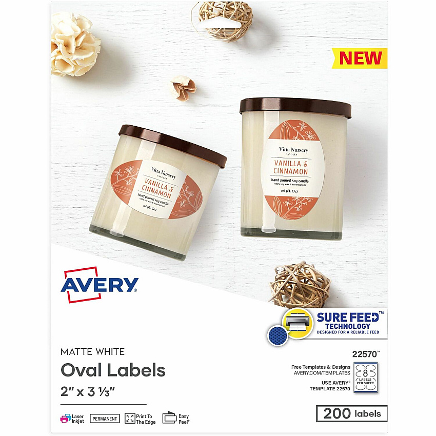 Avery&reg; Matte White Sure Feed Labels 2" Width x 3 21/64" Length - Permanent Adhesive - Oval - Laser, Inkjet - White - Paper - 8 / Sheet - 25 Total Sheets - 200 Total Label(s) - 200 / Pack (22570)