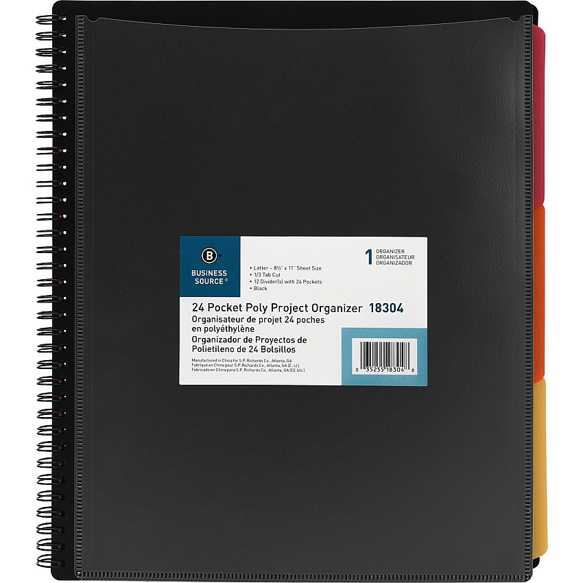 Business Source 1/3 Tab Cut Letter Organizer Folder 8 1/2" x 11" - Spiral Fastener - 24 Pocket(s) - Black - 1 Each (BSN18304)