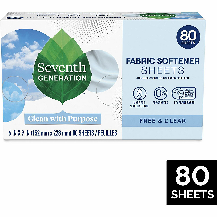 Seventh Generation Free & Clear Fabric Softener Sheets 9" Length x 6.40" Width - Bio-based, Hypoallergenic, Fragrance-free, Unscented, Dye-free, Gluten-free, Phosphate-free - White - 80 / Box (44930)