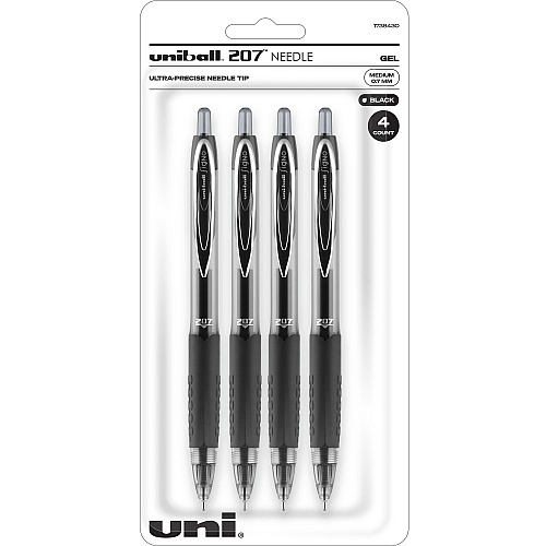 uni-ball uniball&trade; 207 Needle Gel Pens 0.7 mm Medium Needle Pen Point - Refillable - Retractable - Black Ink - Gel-based - Black Plastic Barrel - Tungsten Carbide, Stainless Steel Tip - 4 / Pack (1738430)