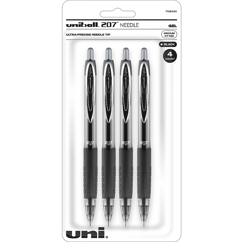 uni-ball uniball&trade; 207 Needle Gel Pens 0.7 mm Medium Needle Pen Point - Refillable - Retractable - Black Ink - Gel-based - Black Plastic Barrel - Tungsten Carbide, Stainless Steel Tip - 4 / Pack (1738430)