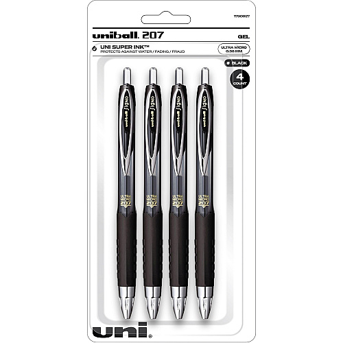 uni-ball uniball™ 207 Gel Pen Ultra Micro Conical Pen Point - Refillable - Retractable - Black Ink - Gel-based, Pigment-based - Plastic Barrel - Tungsten Carbide, Stainless Steel Tip - 4 / Pack (1790927)