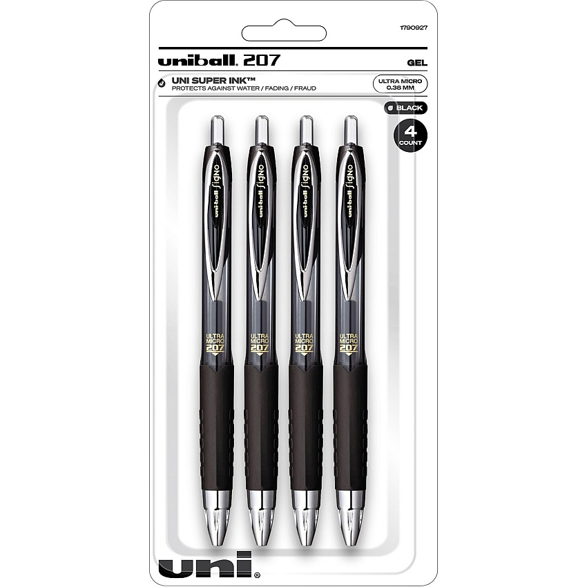 uni-ball uniball™ 207 Gel Pen Ultra Micro Conical Pen Point - Refillable - Retractable - Black Ink - Gel-based, Pigment-based - Plastic Barrel - Tungsten Carbide, Stainless Steel Tip - 4 / Pack (1790927)