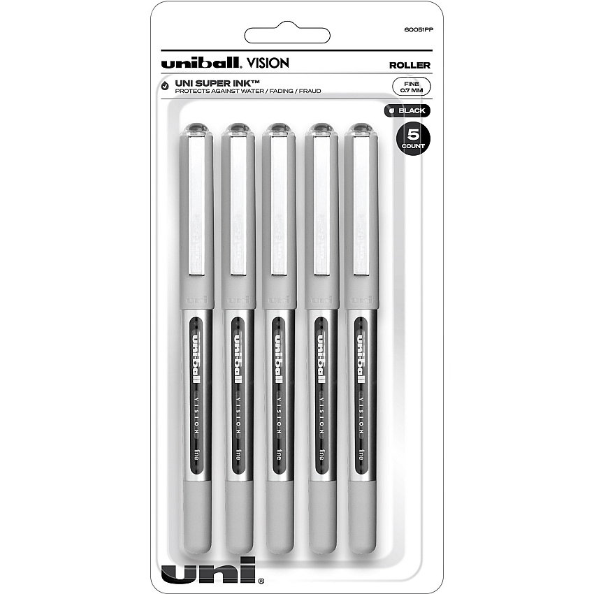 uni-ball uniball&trade; Vision Rollerball Pen 0.7 mm Fine Pen Point - Black Ink - 5 / Pack (60051PP)
