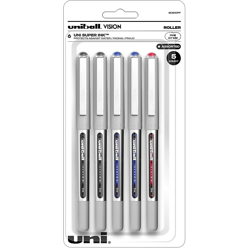 uni-ball uniball&trade; Vision Rollerball Pen 0.7 mm Fine Pen Point - Black, Blue, Red Ink - 5 / Pack (60510PP)