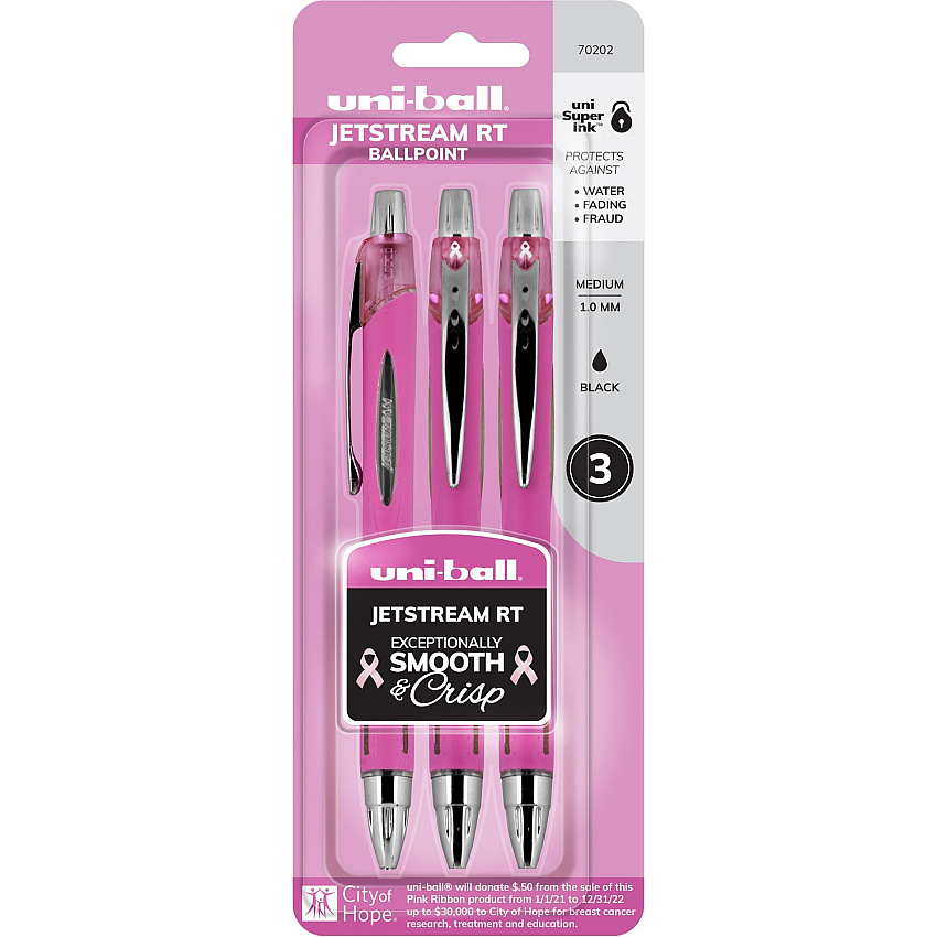 uni-ball uni&reg; Jetstream RT Pink Ribbon Ballpoint Pen 1 mm Medium Pen Point - Multi Ink - Pink Barrel - 3 / Pack (70202)