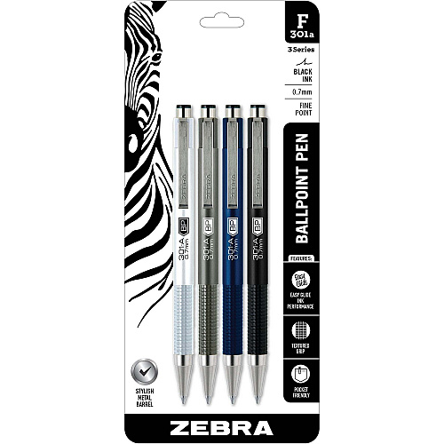 Zebra Pen STEEL 3 Series F-301A Retractable Ballpoint Pen Fine Pen Point - 0.7 mm Pen Point Size - Retractable - Black - Silver Aluminum, Gray, Navy, Black Barrel - 4 / Pack (27514)