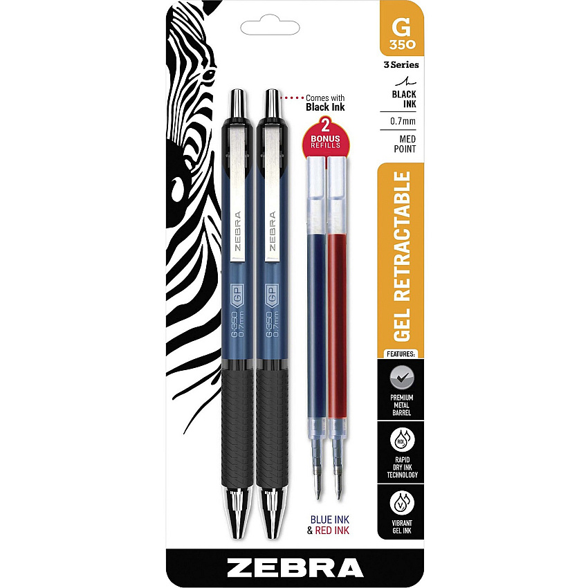 Zebra Pen STEEL 3 Series G-350 Retractable Gel Pen Gel-based - Metal Barrel - 2 / Pack (40212)
