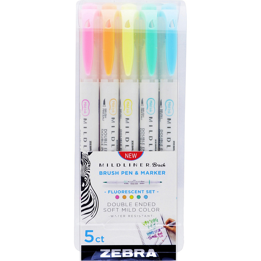 Zebra Pen Mildliner Brush Double-ended Creative Marker Fluorescent Pack Fine Marker Point - Brush Marker Point Style - Fluorescent Pink Pigment-based, Fluorescent Orange, Fluorescent Yellow, Fluorescent Blue, Fluorescent Green Ink - 5 / Pack (79105)