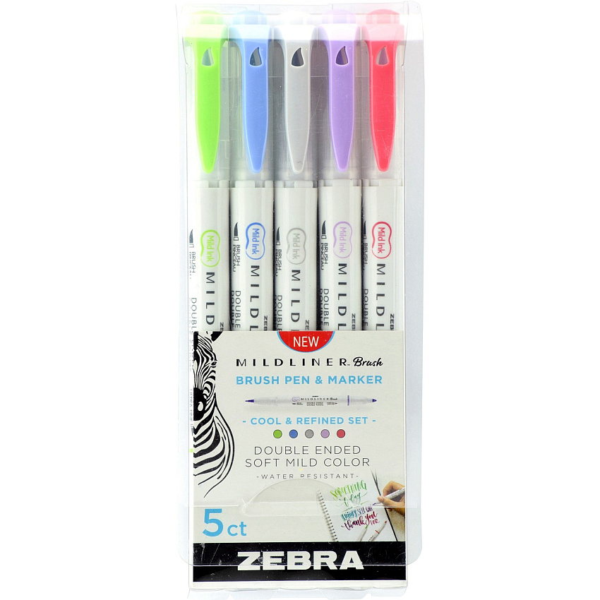 Zebra Pen Mildliner Brush Double-ended Creative Marker Cool and Refined Pack Fine Marker Point - Brush Marker Point Style - Green Pigment-based, Dark Blue, Gray, Violet, Red Ink - 5 / Pack (79205)