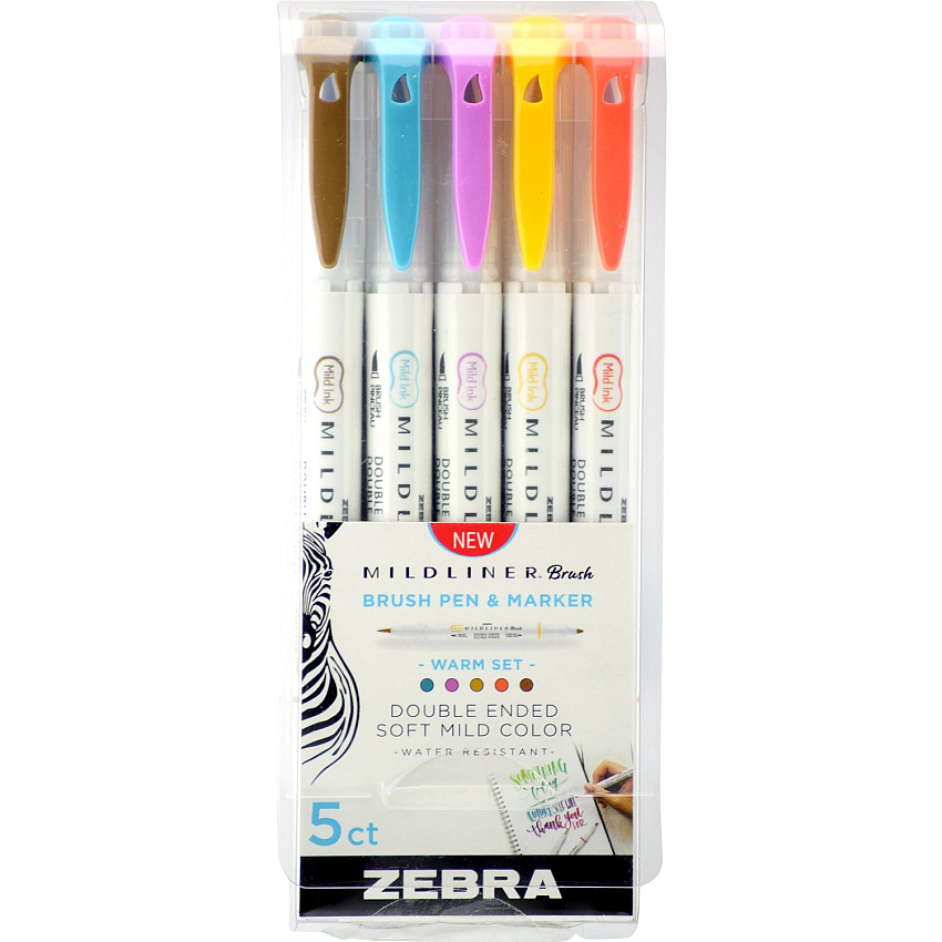 Zebra Pen Mildliner Brush Double-ended Creative Marker Warm Color Pack Fine Marker Point - Brush Marker Point Style - Gold Pigment-based, Magenta, Brown, Vermillion, Smoke Blue Ink - 5 / Pack (79305)