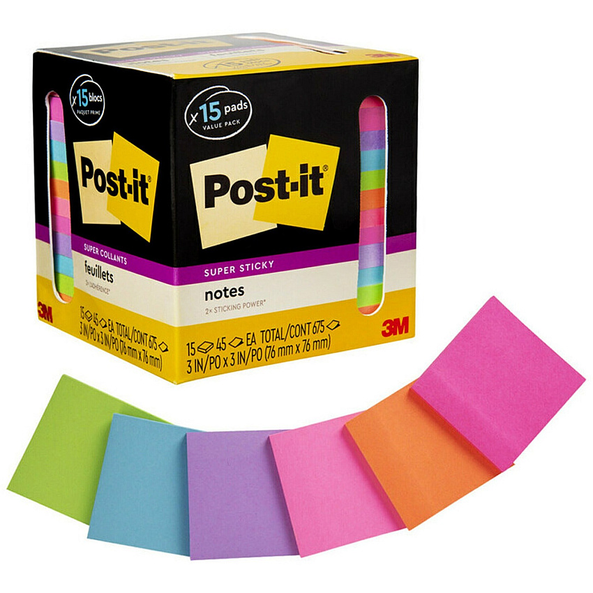 Post-it&reg; Super Sticky Notes 15 - 3" Flag/Note Width x 3" Flag/Note Length - Square - 45 Sheets per Pad - Neon Orange, Tropical Pink, Power Pink, Iris, Blue Paradise, Neon Green Limeade - Adhesive, Recyclable - 15 / Pack (65415SSCP)