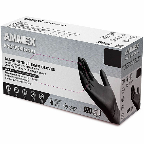 Ammex Examination Gloves 4 mil Thickness - X-Large Size - Black - Textured, Durable, Comfortable, Rip Resistant, Tear Resistant, Latex-free, Chlorinate - For Law Enforcement, Security, First Responder/Defense - 100 / Box (ABNPF48100)