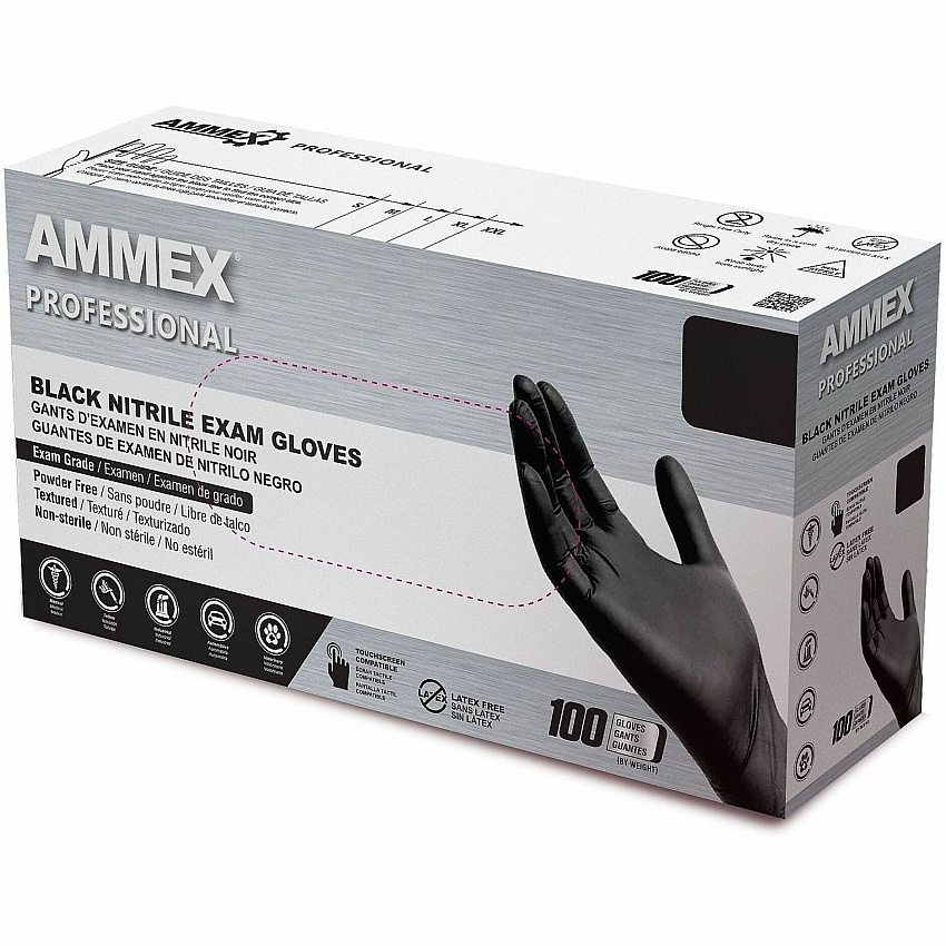 Ammex Examination Gloves 4 mil Thickness - X-Large Size - Black - Textured, Durable, Comfortable, Rip Resistant, Tear Resistant, Latex-free, Chlorinate - For Law Enforcement, Security, First Responder/Defense - 100 / Box (ABNPF48100)
