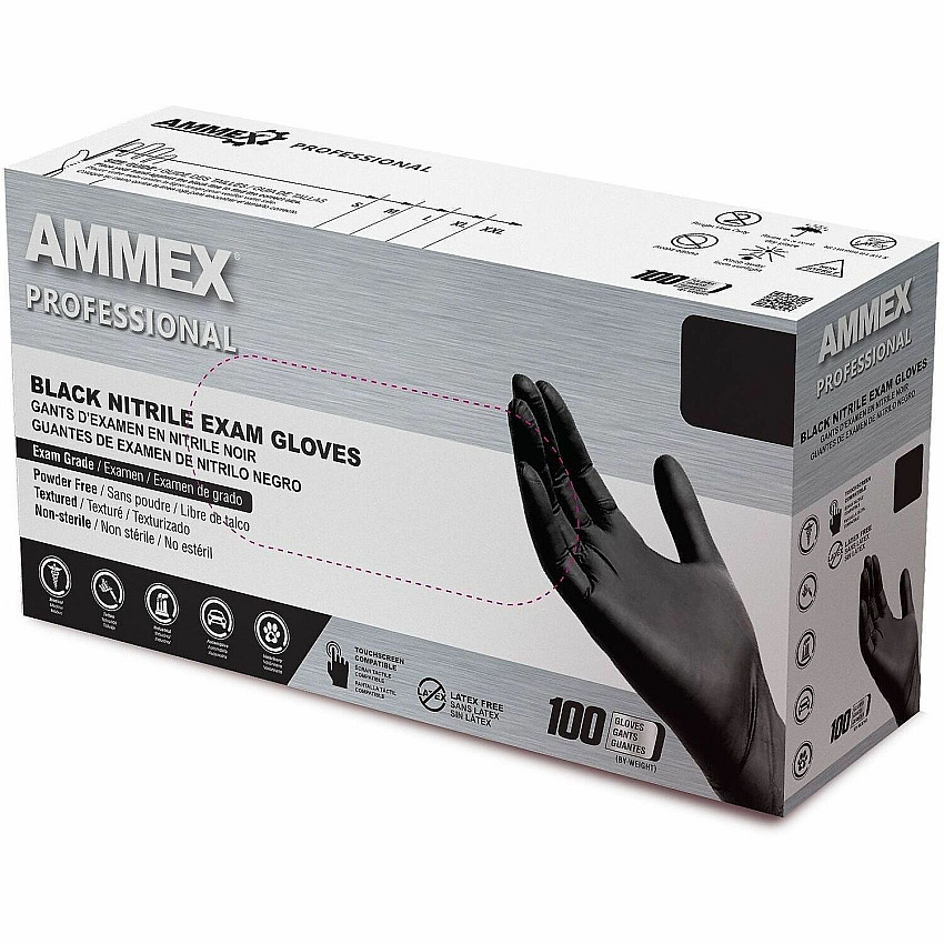 Ammex Examination Gloves 4 mil Thickness - Large Size - Black - Textured, Durable, Comfortable, Rip Resistant, Tear Resistant, Latex-free, Chlorinate - For Law Enforcement, Security, First Responder/Defense - 100 / Box (ABNPF46100)