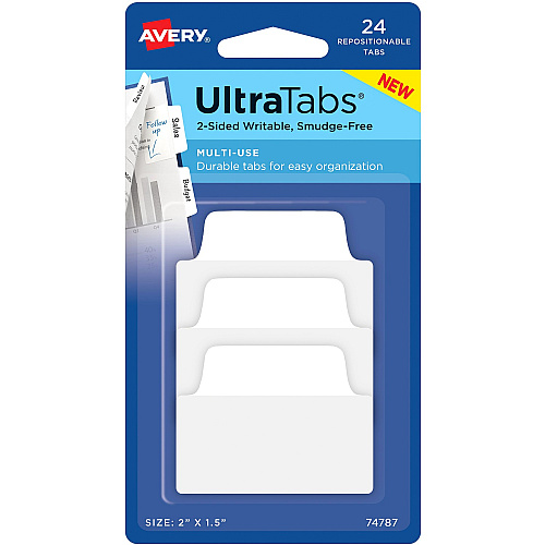 Avery&reg; Ultra Tabs Repositionable Multi-Use Tabs 24 Tab(s) - 8 Tab(s)/Set - Clear Film, White Paper Tab(s) - 24 / Pack (74787)