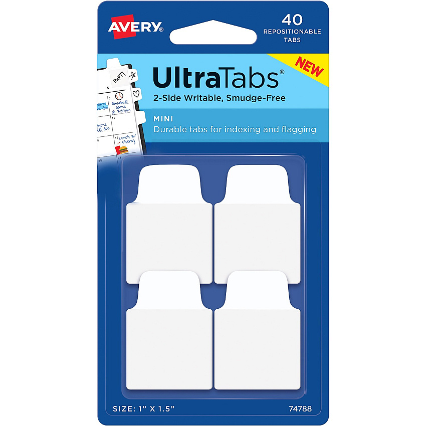 Avery&reg; Ultra Tabs Repositionable Mini Tabs 40 Tab(s) - 10 Tab(s)/Set - Clear Film, White Paper Tab(s) - 40 / Pack (74788)