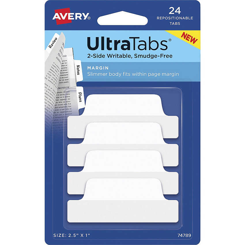 Avery&reg; Ultra Tabs Repositionable Margin Tabs 24 Tab(s) - 6 Tab(s)/Set - Clear Film, White Paper Tab(s) - 24 / Pack (74789)