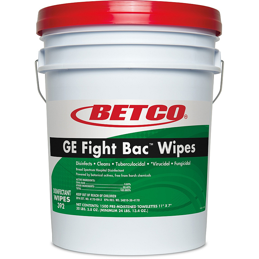 Betco GE Fight Bac Disinfectant Wipes 7" Length x 11" Width - Non-irritating, Disinfectant - White - 1500/Tub - 1 Each (3920500)