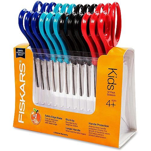 Fiskars 5" Blunt-tip Kids Scissors 1.75" Cutting Length - 5" Overall Length - Straight - Stainless Steel Safety Edge Blade - Blunted Tip - Red, Blue, Turquoise, Green - 12 / Pack (1941601070)