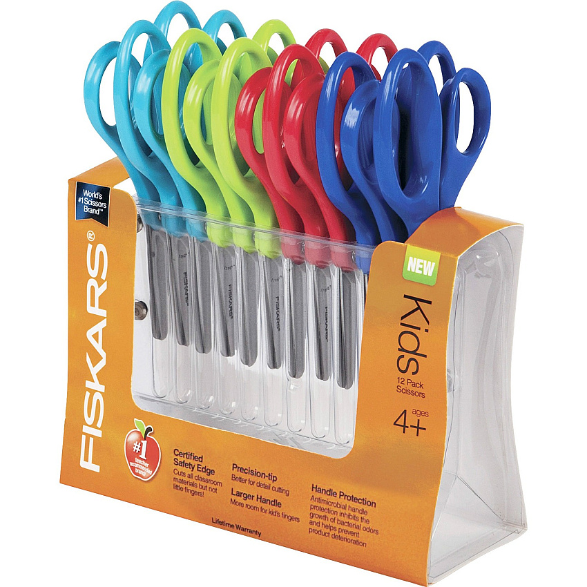 Fiskars 5" Pointed-tip Kids Scissors 5" Overall LengthSafety Edge Blade - Pointed Tip - Red, Blue, Turquoise, Green - 12 / Pack (1943001070)
