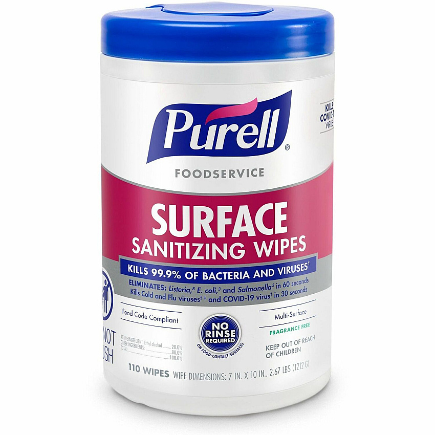 PURELL&reg; Foodservice Surface Sanitizing Wipes Ready-To-Use - 10" Length x 7" Width - Rinse-free, Fragrance-free, Durable - 110/Tub - 1 Each (934106)