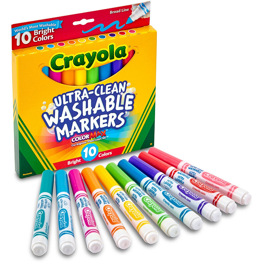 Crayola Ultra-Clean Washable Markers Broad Conical Marker Point - Washable - Assorted Ink - Water Based - Assorted Barrel - 10 / Pack (587855)