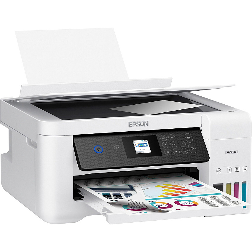 Epson WorkForce ST-C2100 Wireless Inkjet Multifunction Printer - Color Copier/Printer/Scanner - 5760 x 1440 dpi class - Automatic Duplex Print - Up to 3000 Pages Monthly - 100 sheets Input - Color Flatbed Scanner - 1200 dpi Optical Scan - Wir (C11CJ63203)