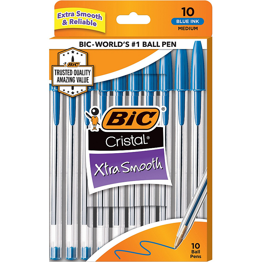 BIC Cristal Ballpoint Stick Pens Medium Pen Point - Blue Ink - Clear Barrel - 10 / Pack (MSP10BE)