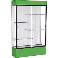 Waddell Lighted Floor Case, White Back w/ Dark Bronze Frame & Colored Base 48" Width x 16" Depth x 80" Height - 4 x Shelf(ves) - Sliding Door(s) - 25 lb Load Capacity - Lockable, Adjustable Shelf, Handcrafted, LED Light - Kelly Green - Assemb (3174WBBZKG)