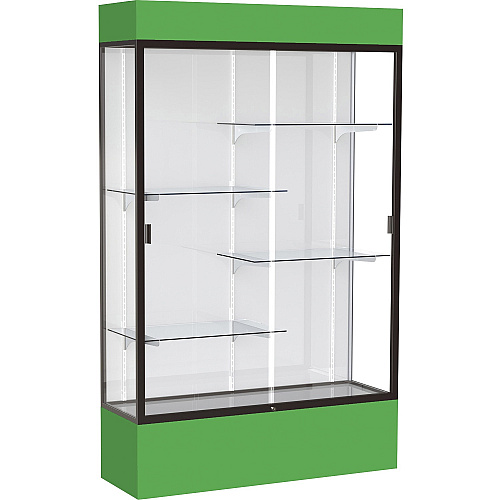 Waddell Lighted Floor Case, White Back w/ Dark Bronze Frame & Colored Base 48" Width x 16" Depth x 80" Height - 4 x Shelf(ves) - Sliding Door(s) - 25 lb Load Capacity - Lockable, Adjustable Shelf, Handcrafted, LED Light - Kelly Green - Assemb (3174WBBZKG)